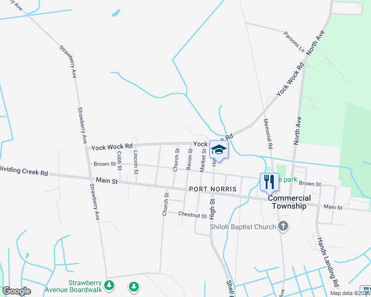 map of restaurants, bars, coffee shops, grocery stores, and more near 2303 Bacon Street in Commercial Township