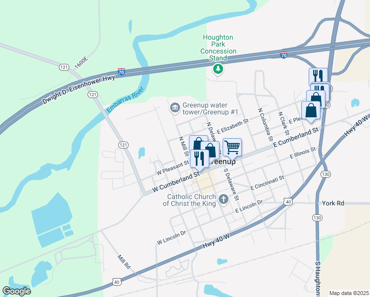 map of restaurants, bars, coffee shops, grocery stores, and more near 302 North Mill Street in Greenup