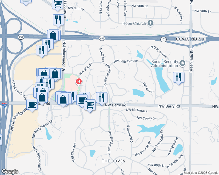 map of restaurants, bars, coffee shops, grocery stores, and more near 8511 North Chatham Avenue in Kansas City