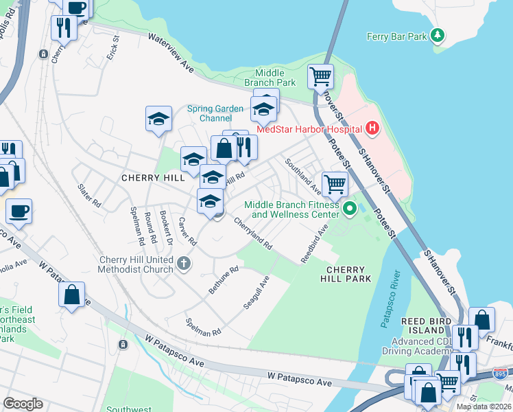map of restaurants, bars, coffee shops, grocery stores, and more near 600 Cherrycrest Road in Baltimore