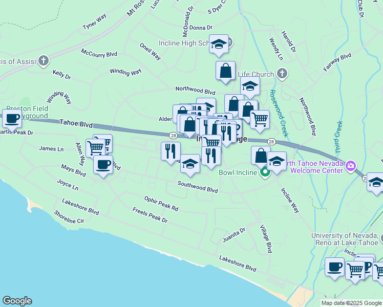 map of restaurants, bars, coffee shops, grocery stores, and more near 876 Tanager Street in Incline Village