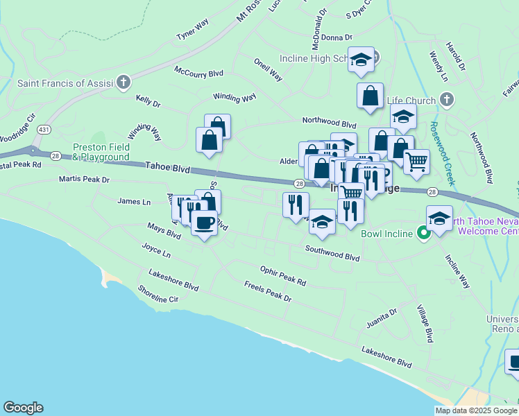 map of restaurants, bars, coffee shops, grocery stores, and more near 819 Oriole Way in Incline Village