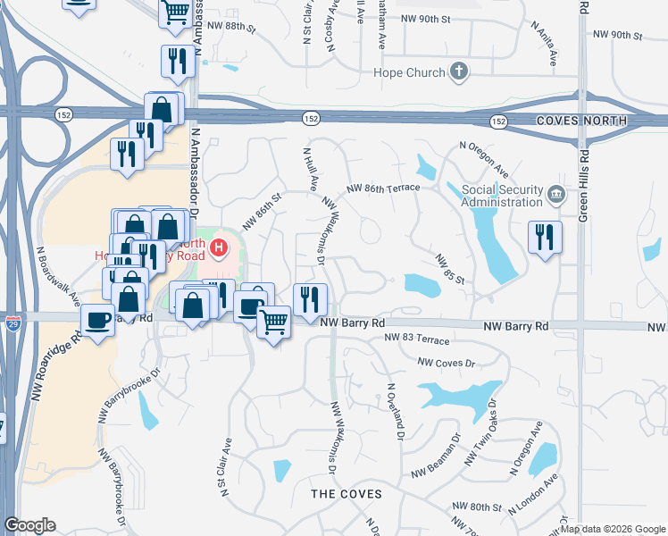 map of restaurants, bars, coffee shops, grocery stores, and more near 8511 North Chatham Avenue in Kansas City