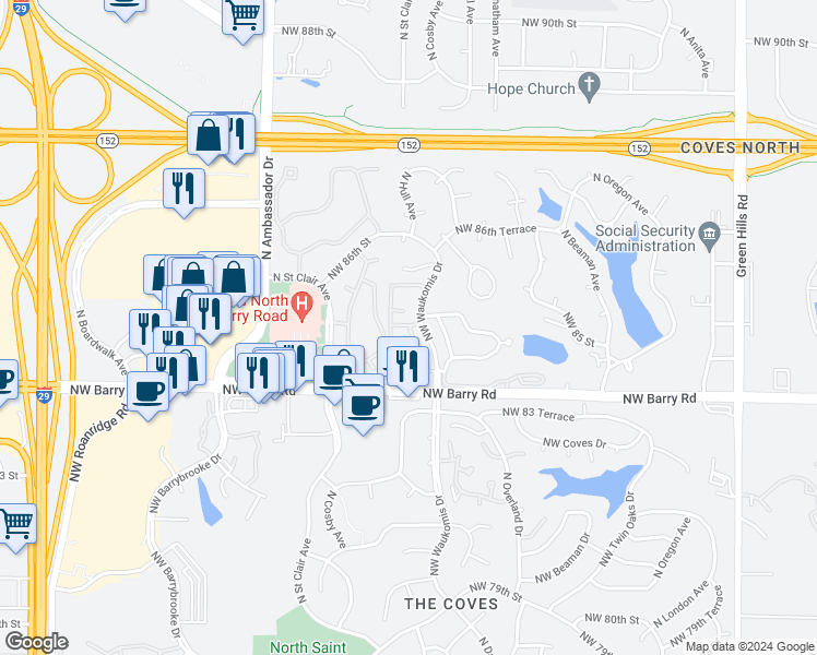 map of restaurants, bars, coffee shops, grocery stores, and more near 5412 Northwest 85 Street in Kansas City