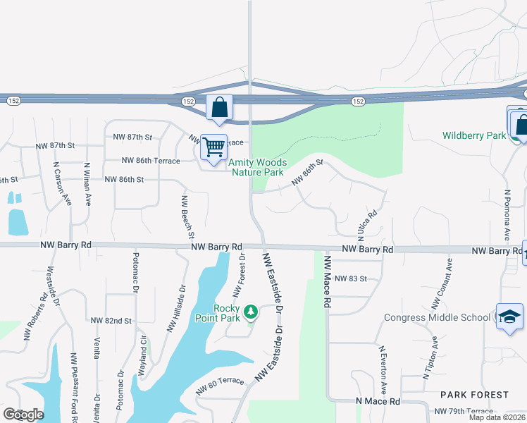 map of restaurants, bars, coffee shops, grocery stores, and more near 9136 Northwest 86th Court in Kansas City