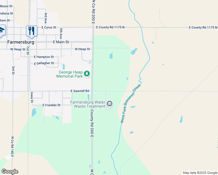 map of restaurants, bars, coffee shops, grocery stores, and more near 2129 East Co Road 1125 North in Farmersburg