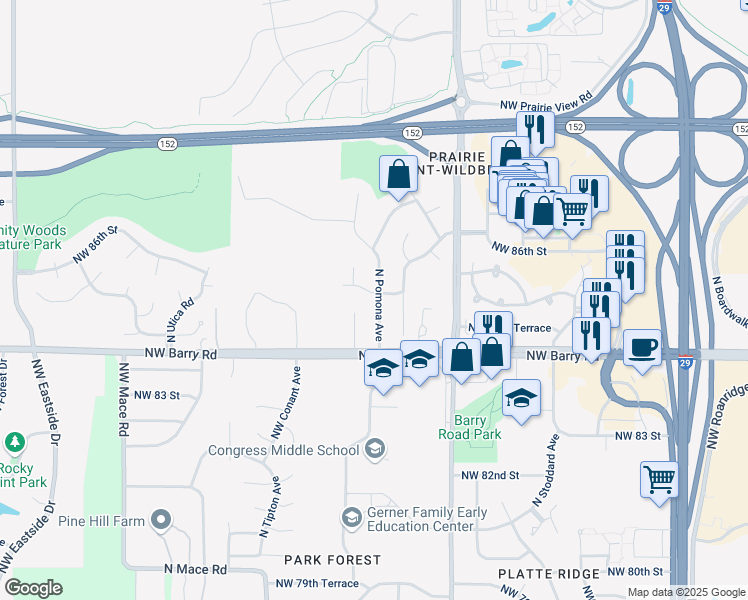 map of restaurants, bars, coffee shops, grocery stores, and more near 8512 North Pomona Avenue in Kansas City