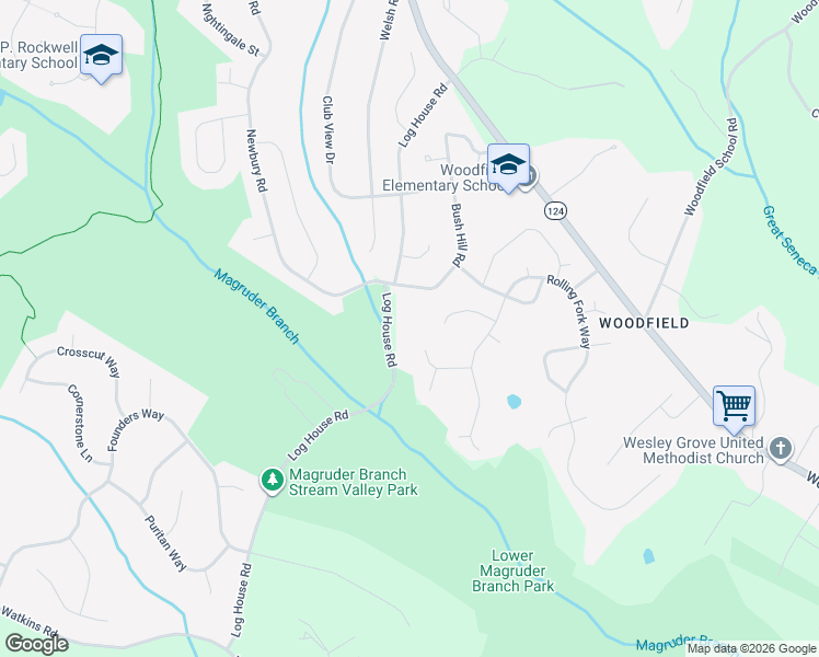 map of restaurants, bars, coffee shops, grocery stores, and more near 23917 Log House Road in Gaithersburg