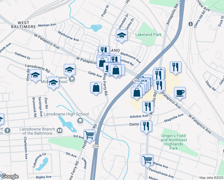 map of restaurants, bars, coffee shops, grocery stores, and more near 3327 Hollins Ferry Road in Lansdowne
