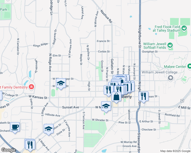 map of restaurants, bars, coffee shops, grocery stores, and more near 208 Morse Avenue in Liberty