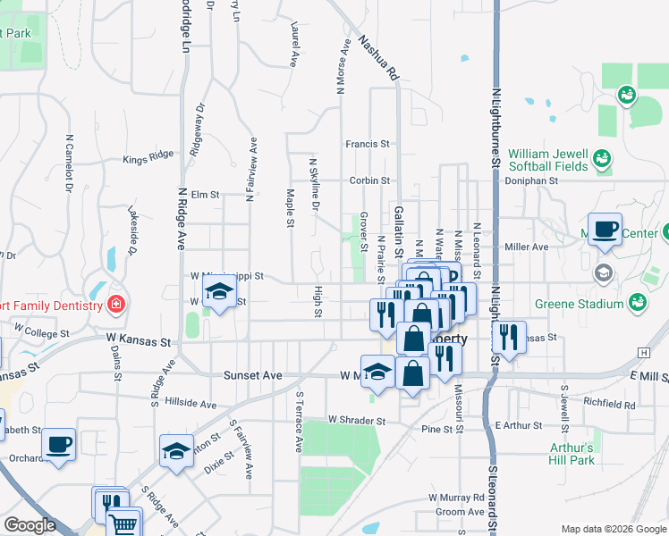 map of restaurants, bars, coffee shops, grocery stores, and more near 202 North Morse Avenue in Liberty