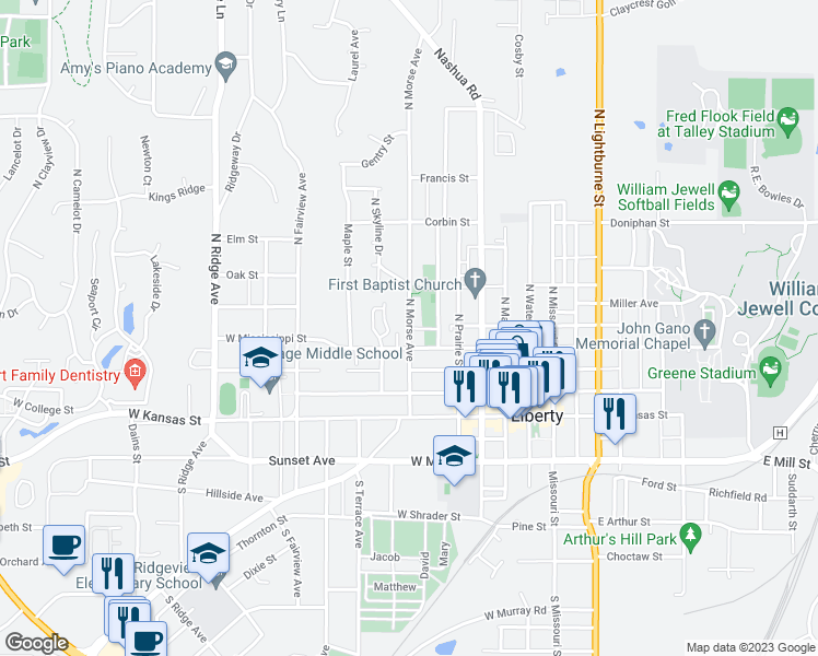 map of restaurants, bars, coffee shops, grocery stores, and more near 206 North Morse Avenue in Liberty