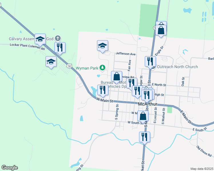 map of restaurants, bars, coffee shops, grocery stores, and more near 209 North Pearl Street in McArthur