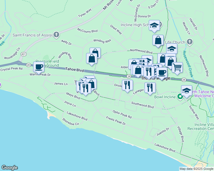 map of restaurants, bars, coffee shops, grocery stores, and more near 819 Oriole Way in Incline Village