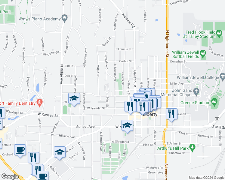map of restaurants, bars, coffee shops, grocery stores, and more near 221 East High Street in Liberty