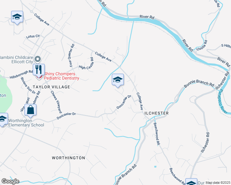 map of restaurants, bars, coffee shops, grocery stores, and more near 4513 Hidden Hollow Drive in Ellicott City