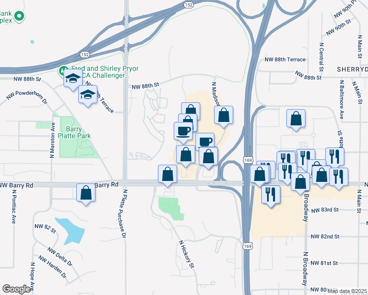 map of restaurants, bars, coffee shops, grocery stores, and more near 8420 North Madison Avenue in Kansas City