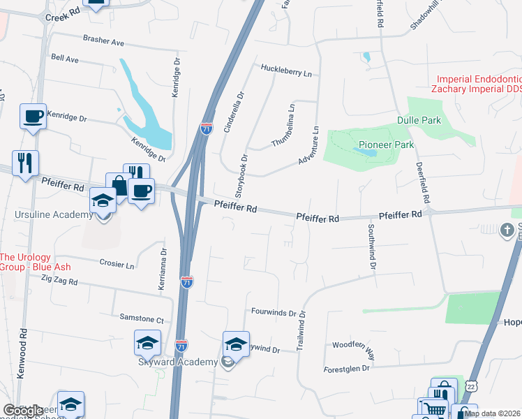 map of restaurants, bars, coffee shops, grocery stores, and more near Pfeiffer Road in Cincinnati