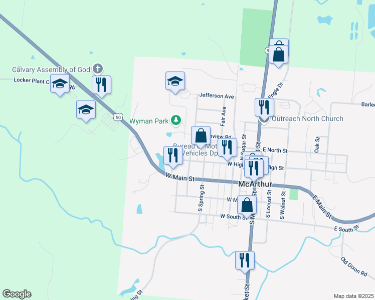 map of restaurants, bars, coffee shops, grocery stores, and more near 209 North Pearl Street in McArthur