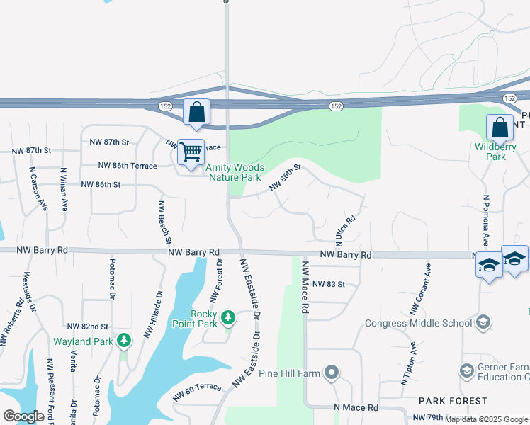 map of restaurants, bars, coffee shops, grocery stores, and more near 9118 Northwest 86th Terrace in Kansas City