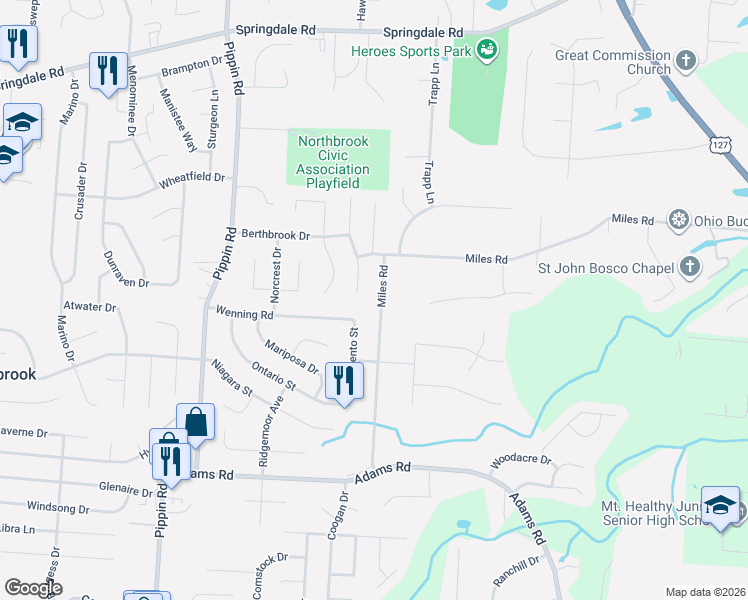map of restaurants, bars, coffee shops, grocery stores, and more near 2212 Miles Road in Cincinnati