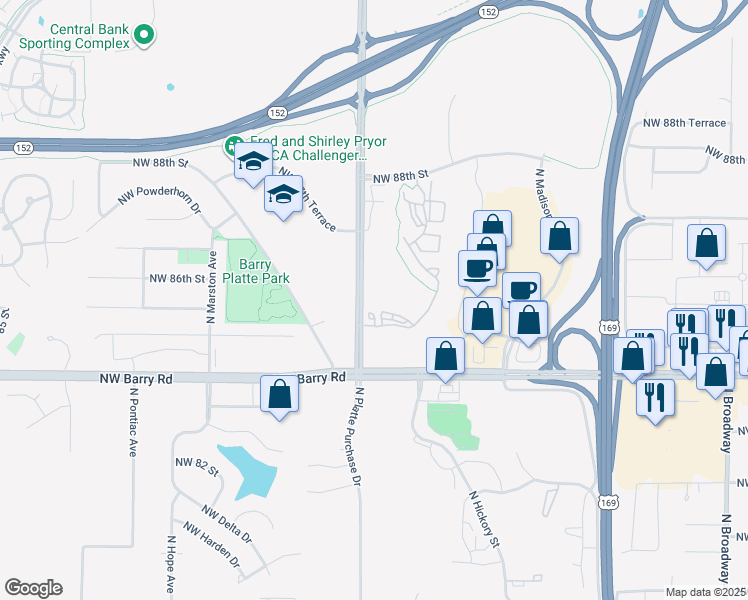 map of restaurants, bars, coffee shops, grocery stores, and more near 8501 North Platte Purchase Drive in Kansas City