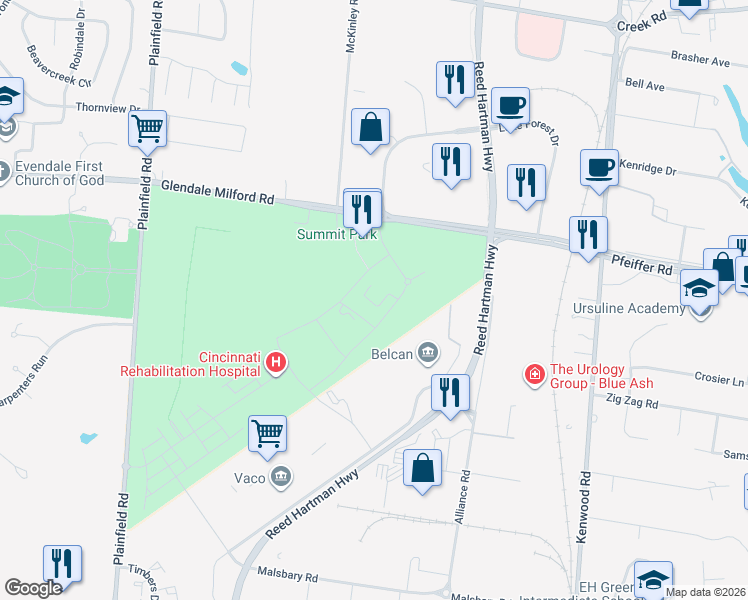 map of restaurants, bars, coffee shops, grocery stores, and more near 4420 Carver Woods Drive in Cincinnati