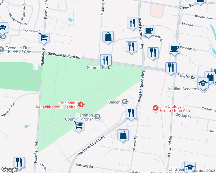 map of restaurants, bars, coffee shops, grocery stores, and more near 10250 Gateway Place in Blue Ash