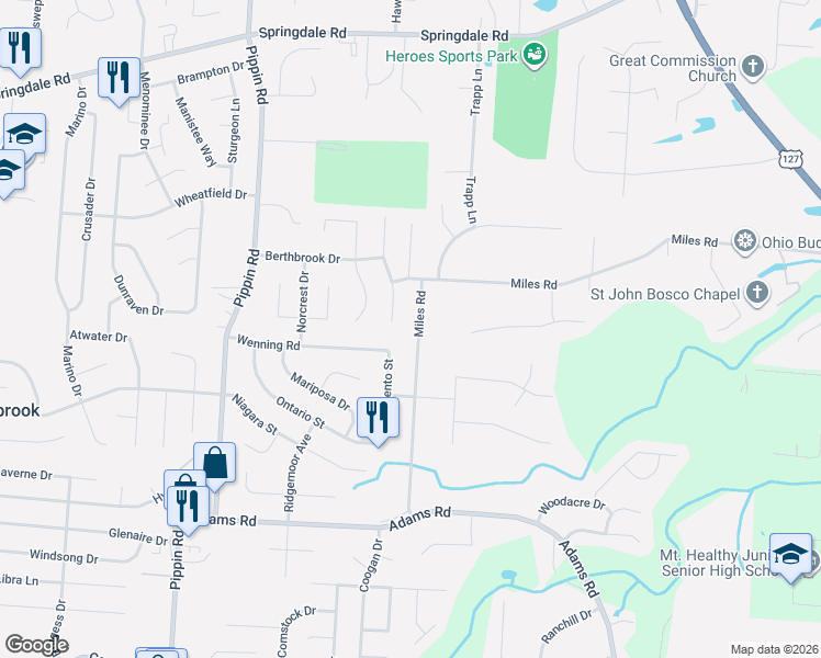map of restaurants, bars, coffee shops, grocery stores, and more near 2212 Miles Road in Cincinnati