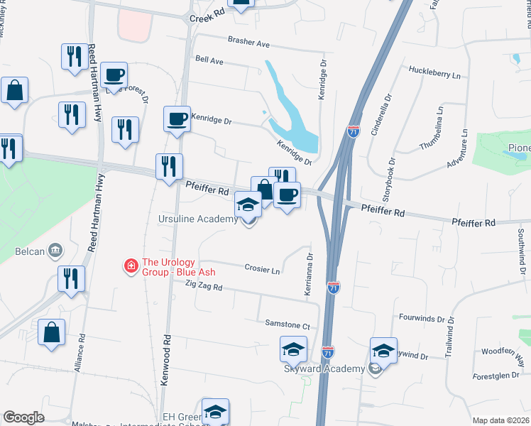 map of restaurants, bars, coffee shops, grocery stores, and more near 5885 Pfeiffer Road in Blue Ash
