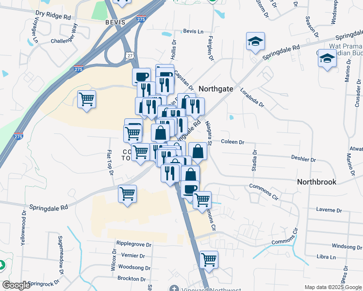 map of restaurants, bars, coffee shops, grocery stores, and more near 3573 Springdale Road in Cincinnati
