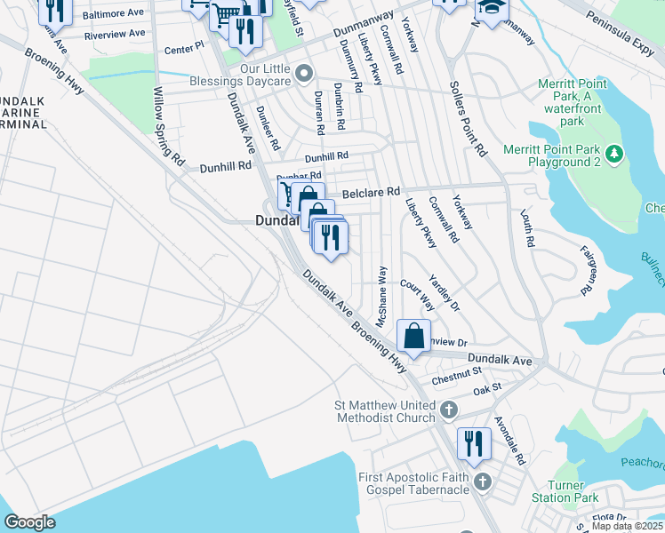 map of restaurants, bars, coffee shops, grocery stores, and more near 3443 Dundalk Avenue in Dundalk