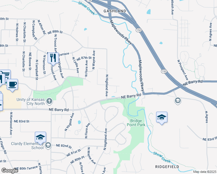 map of restaurants, bars, coffee shops, grocery stores, and more near 8525 North Highland Avenue in Kansas City