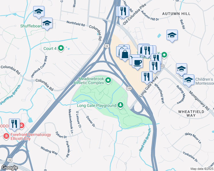 map of restaurants, bars, coffee shops, grocery stores, and more near 5001 Meadowbrook Lane in Ellicott City