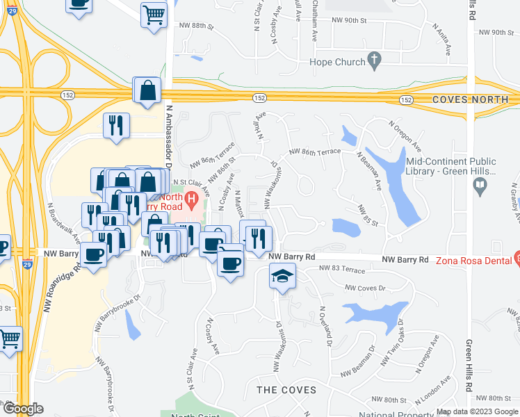 map of restaurants, bars, coffee shops, grocery stores, and more near 5412 Northwest 85th Street in Kansas City