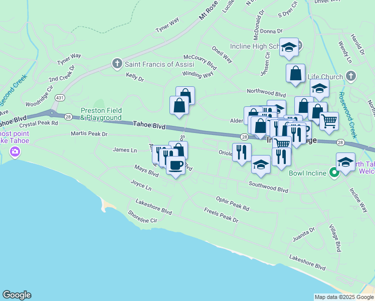map of restaurants, bars, coffee shops, grocery stores, and more near 786 Southwood Boulevard in Incline Village