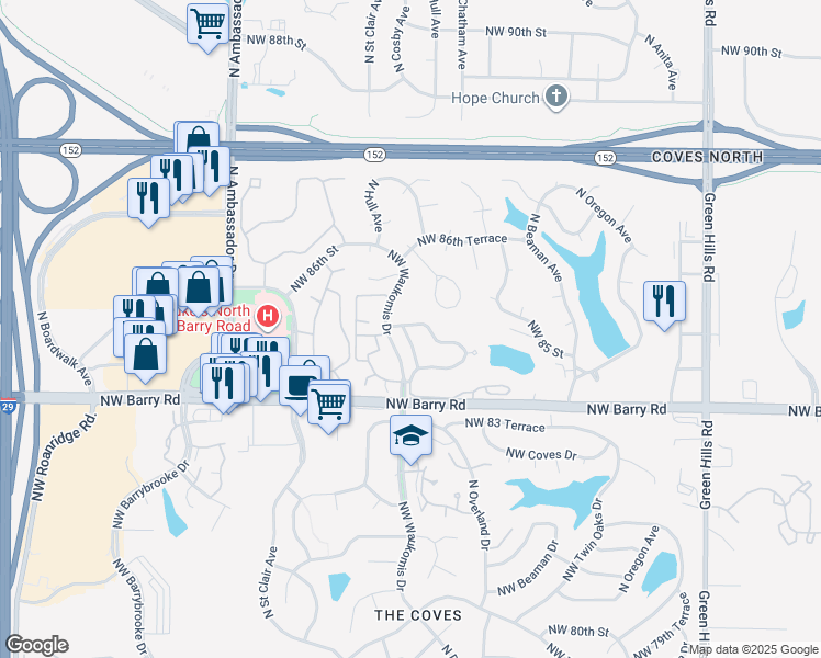 map of restaurants, bars, coffee shops, grocery stores, and more near 8511 North Chatham Avenue in Kansas City