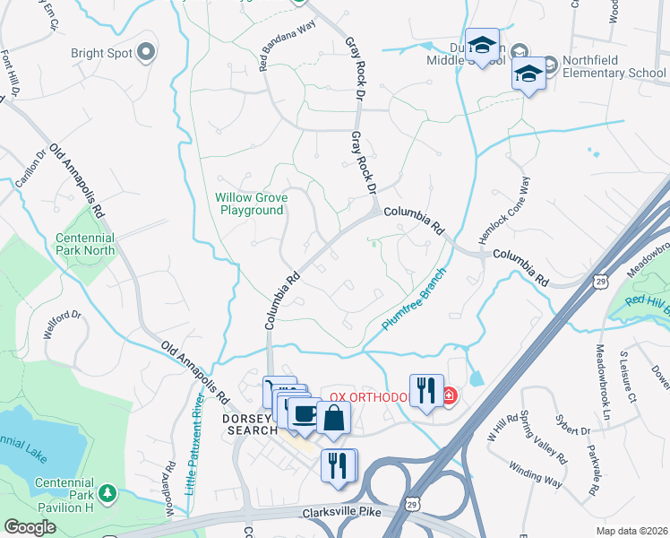 map of restaurants, bars, coffee shops, grocery stores, and more near 4691 Columbia Road in Ellicott City