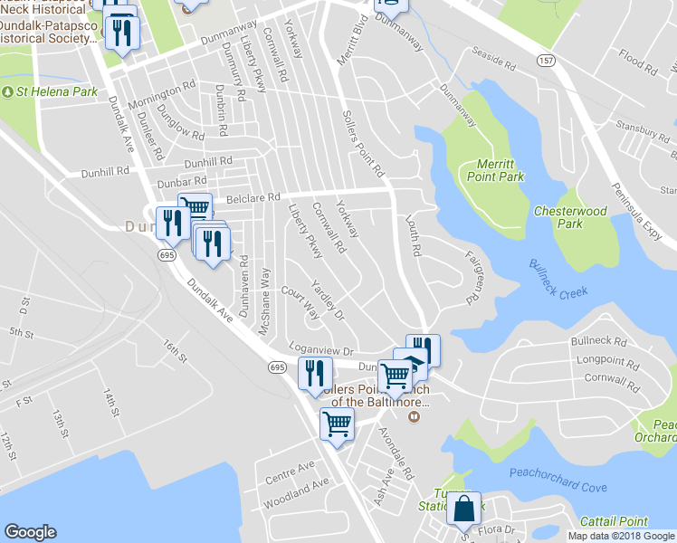 map of restaurants, bars, coffee shops, grocery stores, and more near 3427 Liberty Parkway in Dundalk