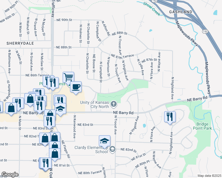 map of restaurants, bars, coffee shops, grocery stores, and more near 8521 North Harrison Court in Kansas City