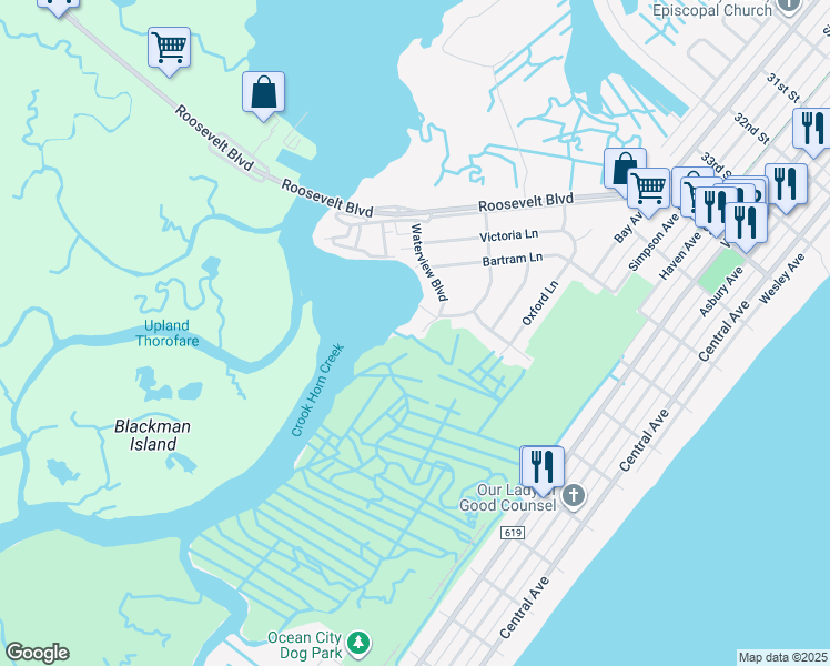 map of restaurants, bars, coffee shops, grocery stores, and more near 3820 Waterview Boulevard in Ocean City
