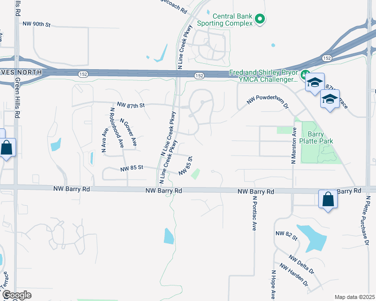 map of restaurants, bars, coffee shops, grocery stores, and more near 8559 North Line Creek Parkway in Kansas City