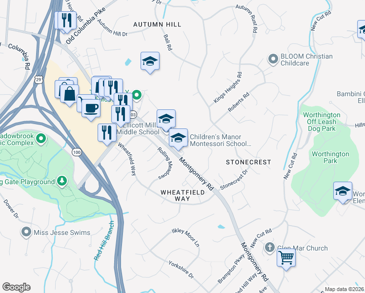 map of restaurants, bars, coffee shops, grocery stores, and more near 4465 Montgomery Road in Ellicott City