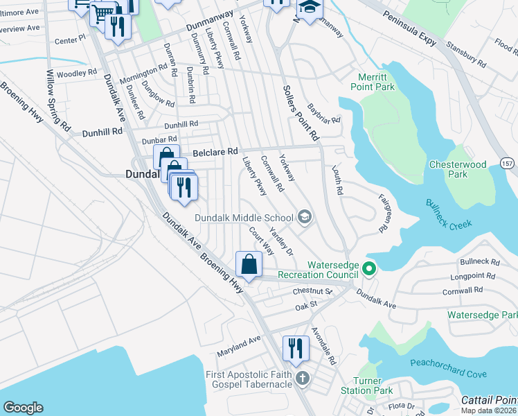 map of restaurants, bars, coffee shops, grocery stores, and more near 3411 Yardley Drive in Dundalk