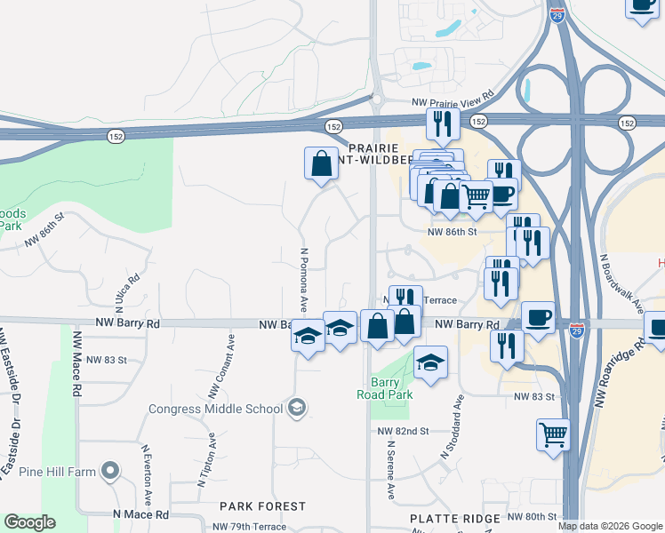 map of restaurants, bars, coffee shops, grocery stores, and more near 8519 North Rhode Avenue in Kansas City