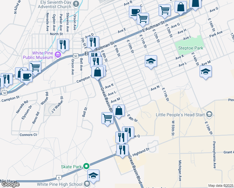 map of restaurants, bars, coffee shops, grocery stores, and more near 790 Avenue L in Ely
