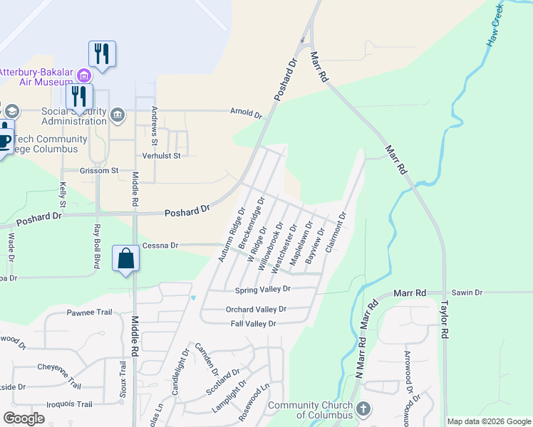 map of restaurants, bars, coffee shops, grocery stores, and more near 4692 West Ridge Drive in Columbus