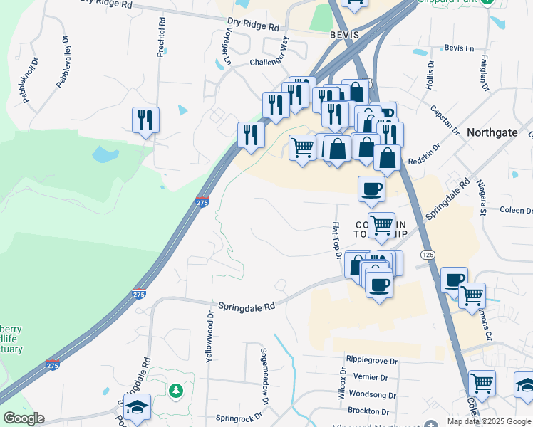 map of restaurants, bars, coffee shops, grocery stores, and more near 3769 Sagebrush Lane in Cincinnati