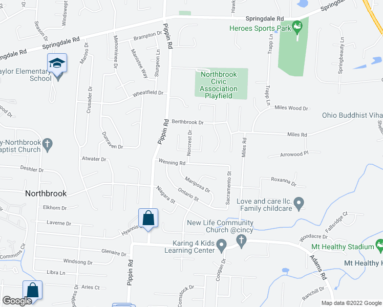 map of restaurants, bars, coffee shops, grocery stores, and more near 9810 Norcrest Drive in Cincinnati