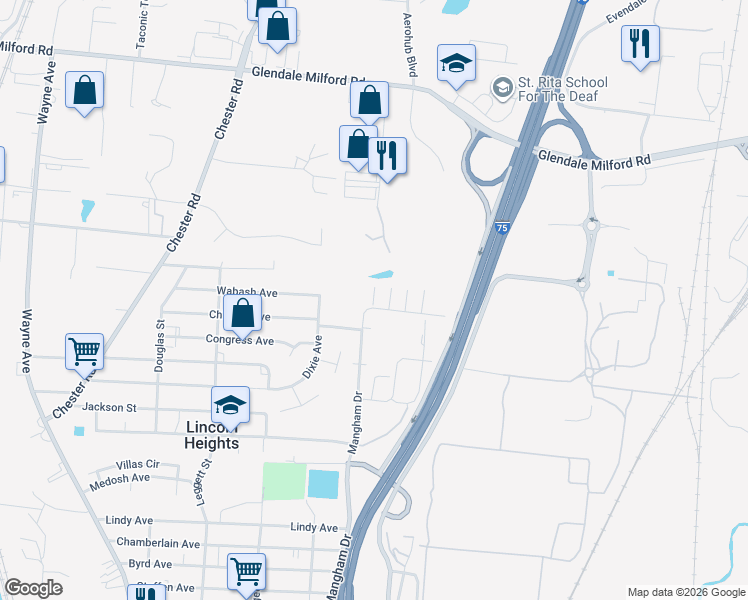 map of restaurants, bars, coffee shops, grocery stores, and more near 10108 Shivers Court in Cincinnati
